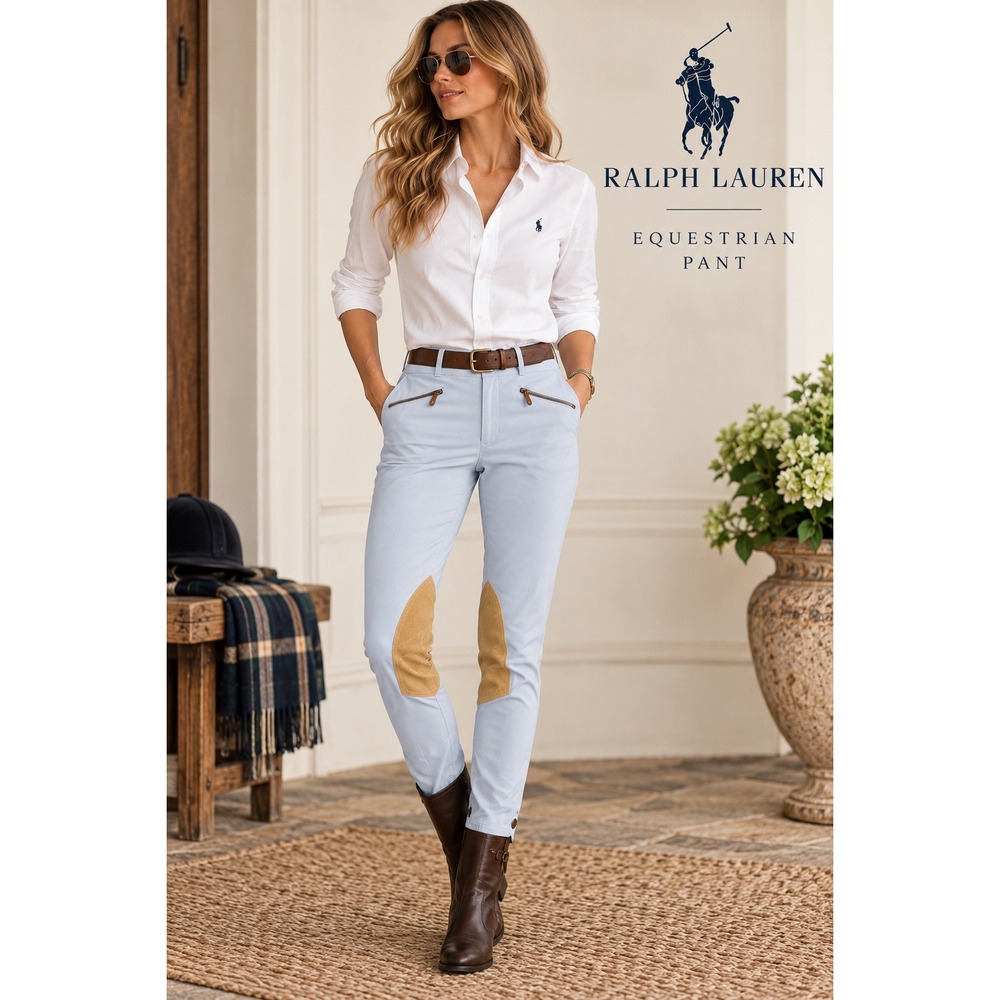 Ralph Lauren Women Light Blue Suede Patch Equestrian Riding Pants Size 8 NWT